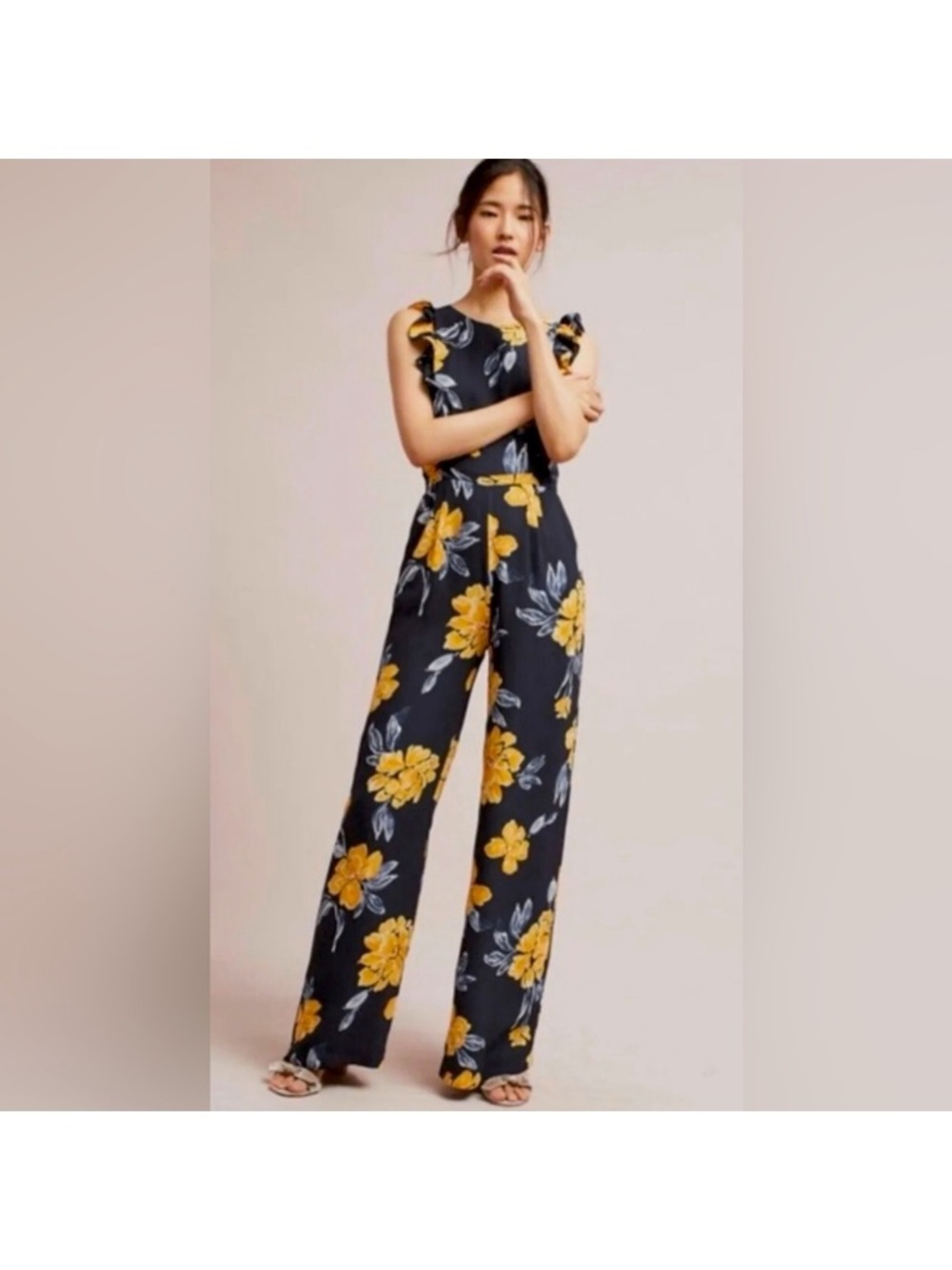 Like New Paper Crown Anthropologie Navy Jumpsuit with Yellow Floral Print size 4